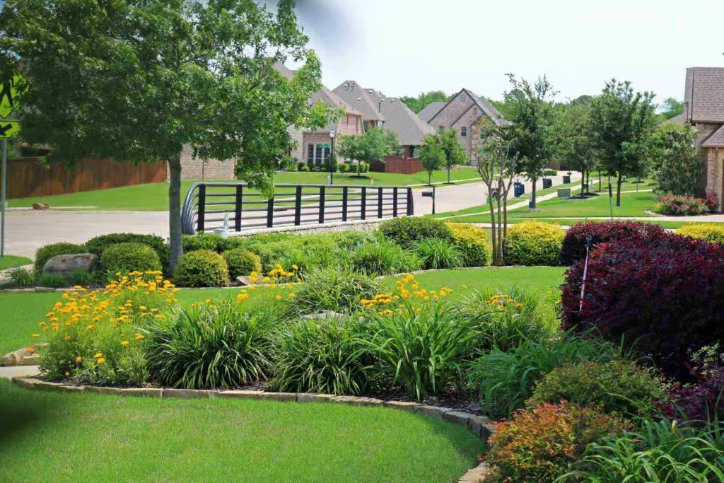 A suburban neighborhood with manicured lawns, colorful flower beds, trimmed bushes, and trees — expert landscape design services by Ellis Landscape