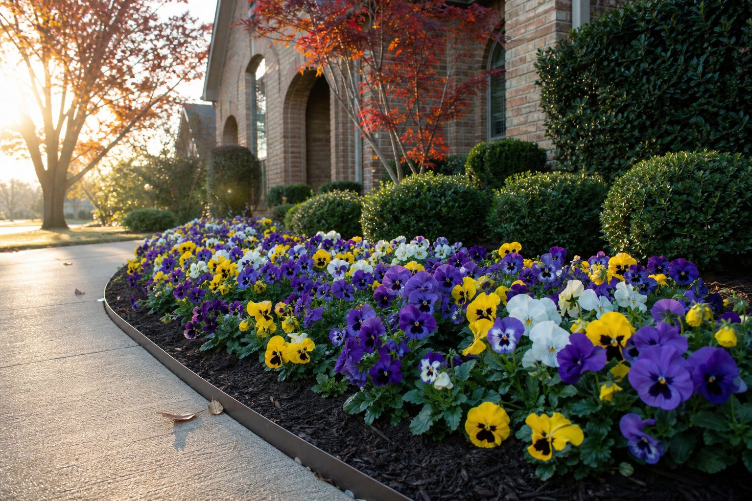Pansies and violas planted in a fall color bed at a North Texas home