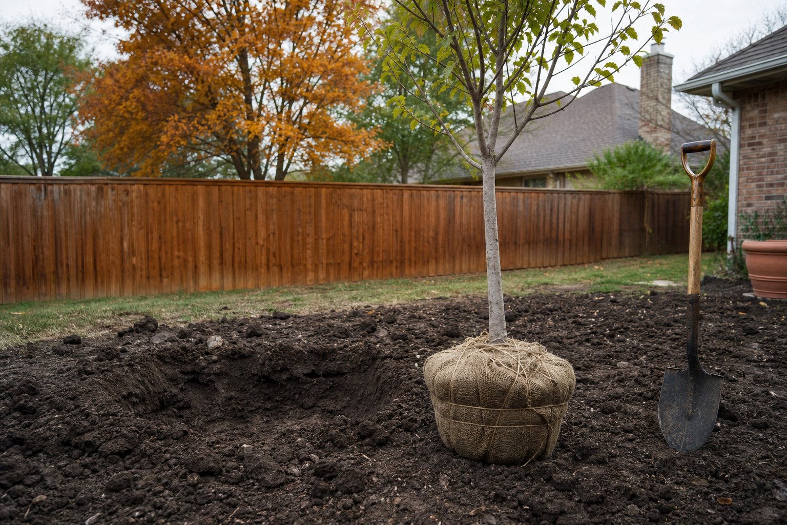 Shade tree being planted in a wide hole in North Texas clay soil