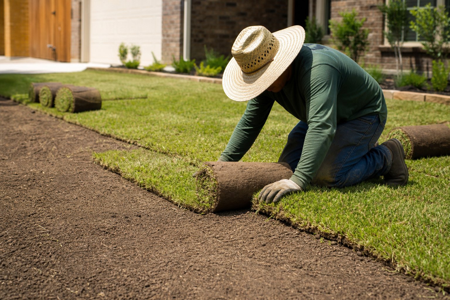 Fresh Bermuda sod being installed to repair a heat-damaged North Texas lawn