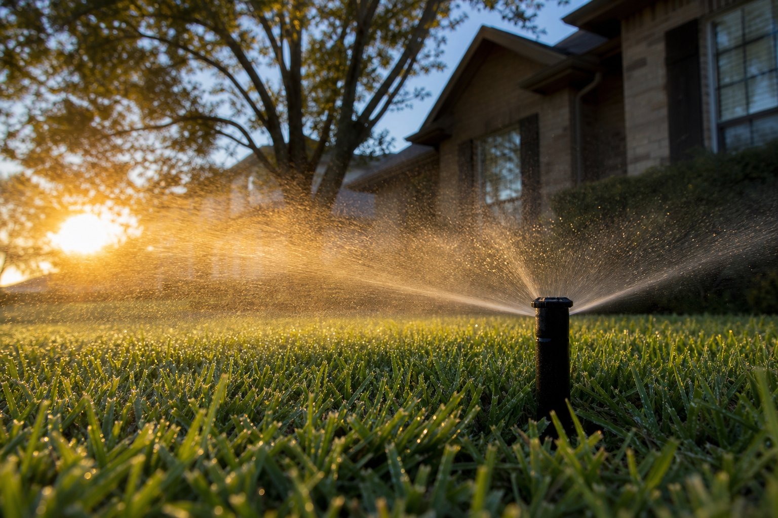 Sprinkler running a deep early-morning watering cycle on a North Texas lawn